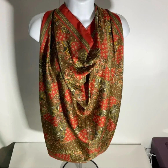 Art of the Scarf Made in Italy 80”x80” Orange Brown Pattern Design Scarf; Pretty - Picture 5 of 11